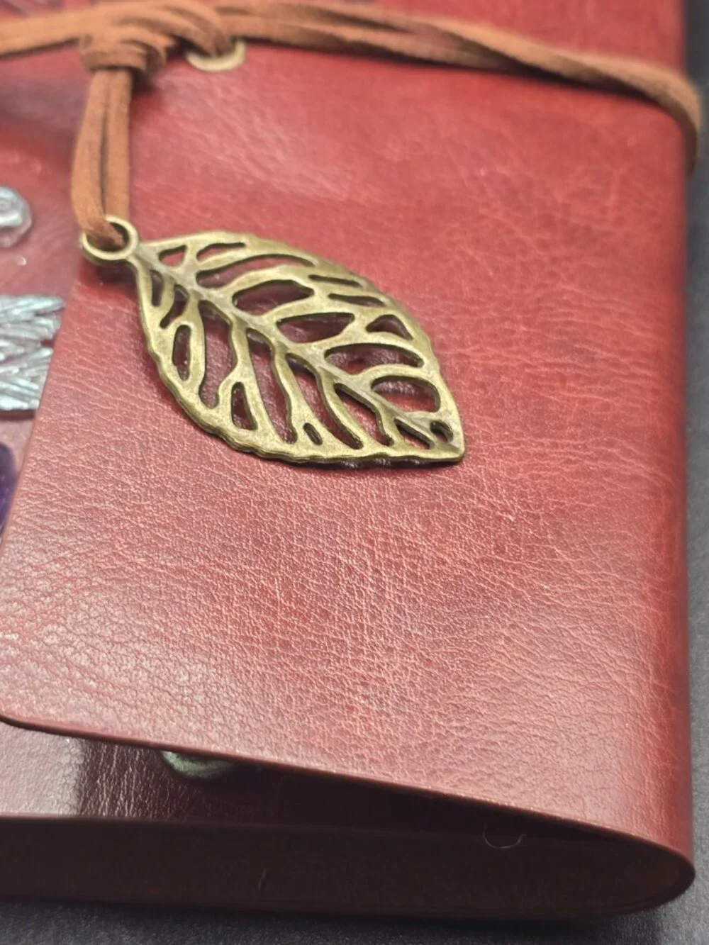 Brown Faux Leather Journal | Amethyst Crescent Moon & Labradorite Heart